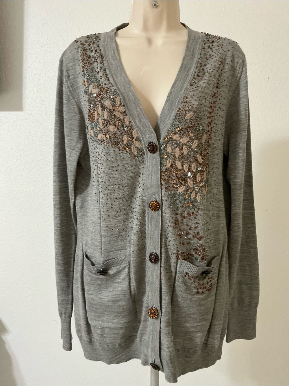 St. John Couture Gray Wool Silk Cashmere Embellished Cardigan Sweater Size L